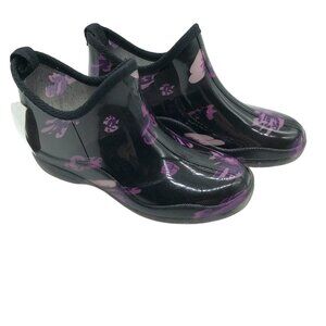 Easy USA Womens Rain Booties Rubber Slip On Floral Black Purple Size 6